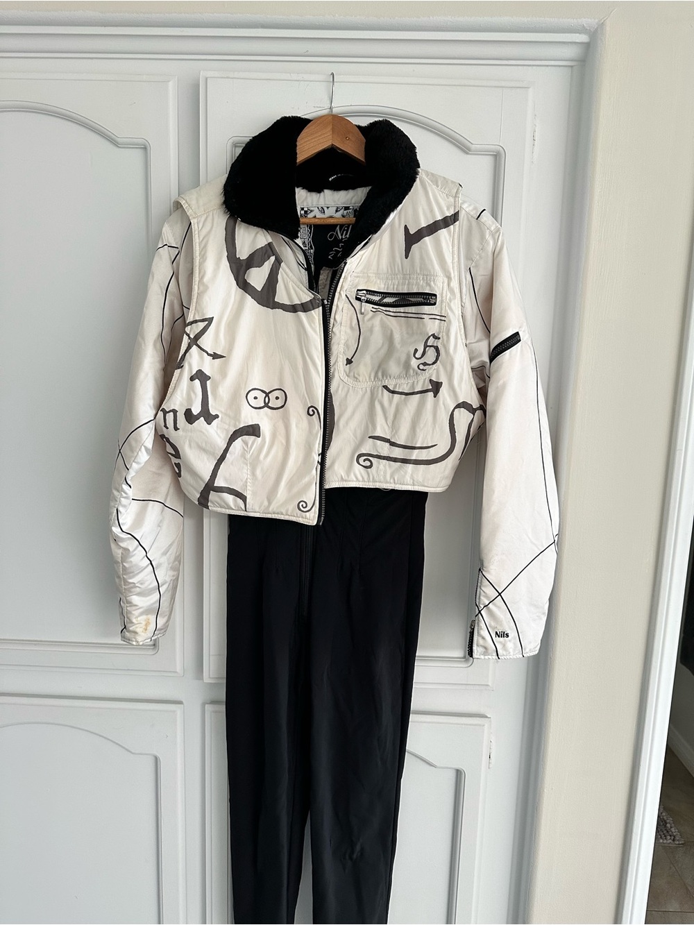 NILS White and Black Graphic Ski Jacket with Faux Fur Collar